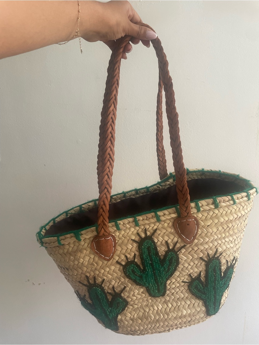 Woven Straw Bag with Green Cactus Embroidery and Brown Braided Handles